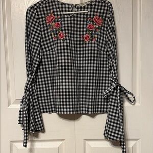 Hippie Laundry Black and White Gingham Blouse with Red Floral Embroidery